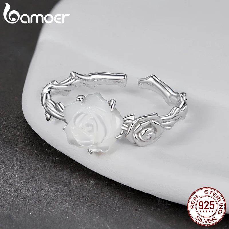 Bague ajustable BAMOER en argent sterling 925 avec rose blanche, motif floral rétro, cadeau de Noël ou d'anniversaire pour femme BSR609-E