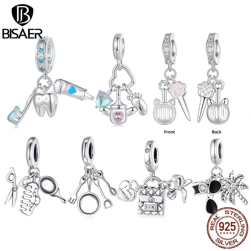 BISAER 925 Sterling Silver Baby Bottle Set Charm Bead Comb Cutlery Cute Pet Kit Holiday Pendant Fit Women DIY Bracelet Jewelry