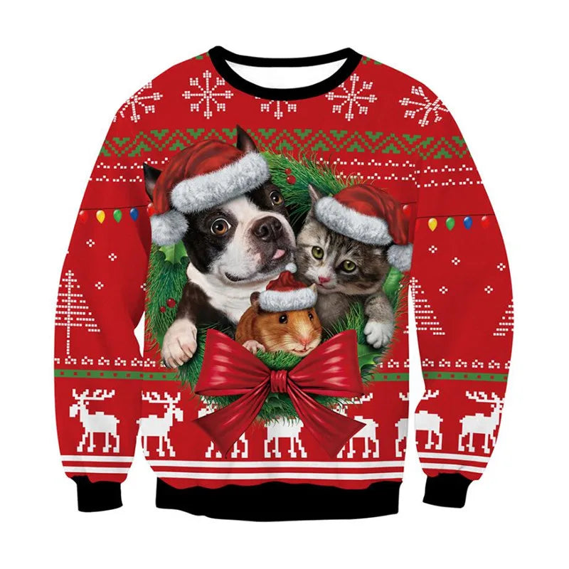 Men Women Tacky Xmas Sweater 3D Christmas Dog Snowflake Bell Reindeer Santa Printed Holiday Party Jumper Christmas Sweatshirt