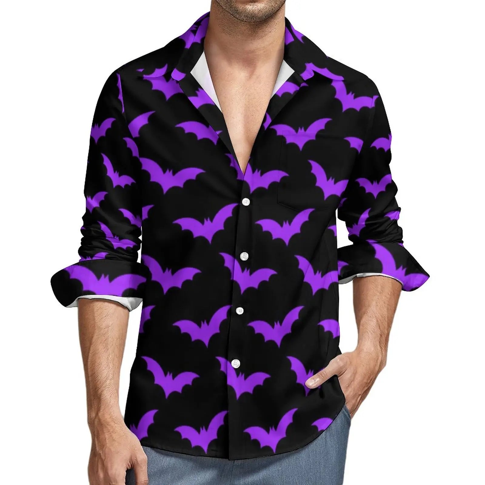 Purple Bats Print Shirt Autumn Black Halloween Casual Shirts Men Loose Blouses Long Sleeve Graphic Funny Clothing Plus Size