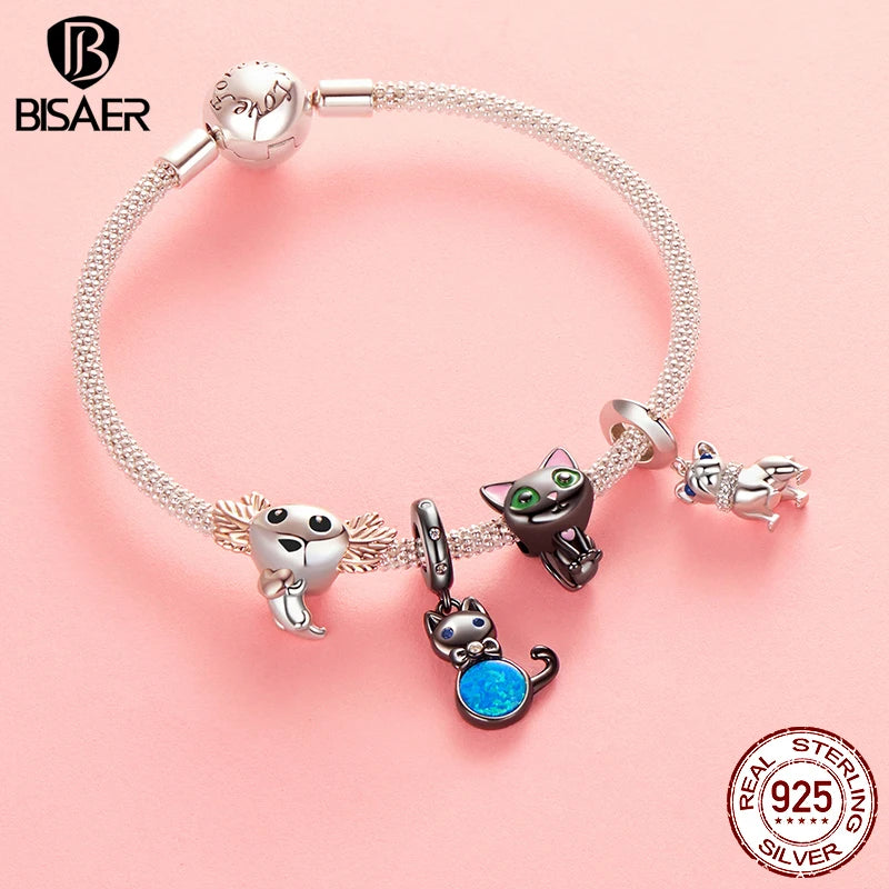 BISAER 925 Sterling Silver Black Cat Charm Beads Salamander French Bulldog Pendant for Women DIY Bracelet Necklace Fine Jewelry