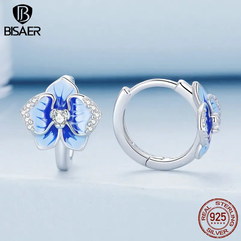 Boucles d'oreilles à tige en argent sterling 925 BISAER en forme d'orchidée papillon rose avec zircons scintillants pour femmes, bijoux fins originaux de luxe pour fête