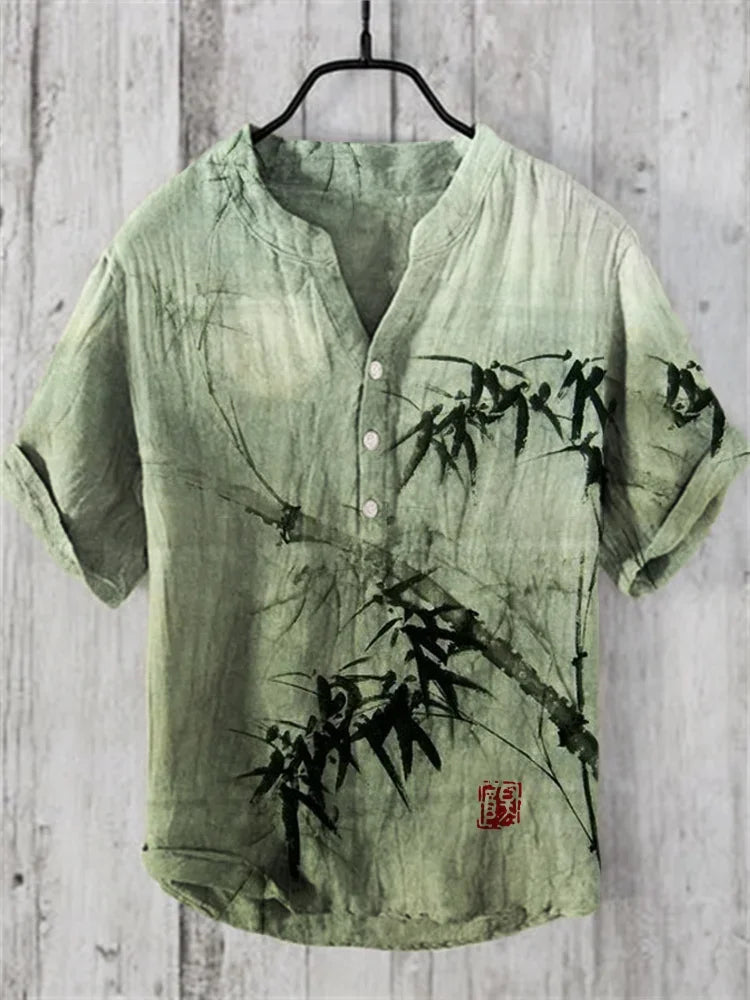 Camisa de cuello en V de estilo retro de moda de verano para hombre, camisa de arte japonés con luna llena de bosque de bambú, camisa artística informal de manga corta