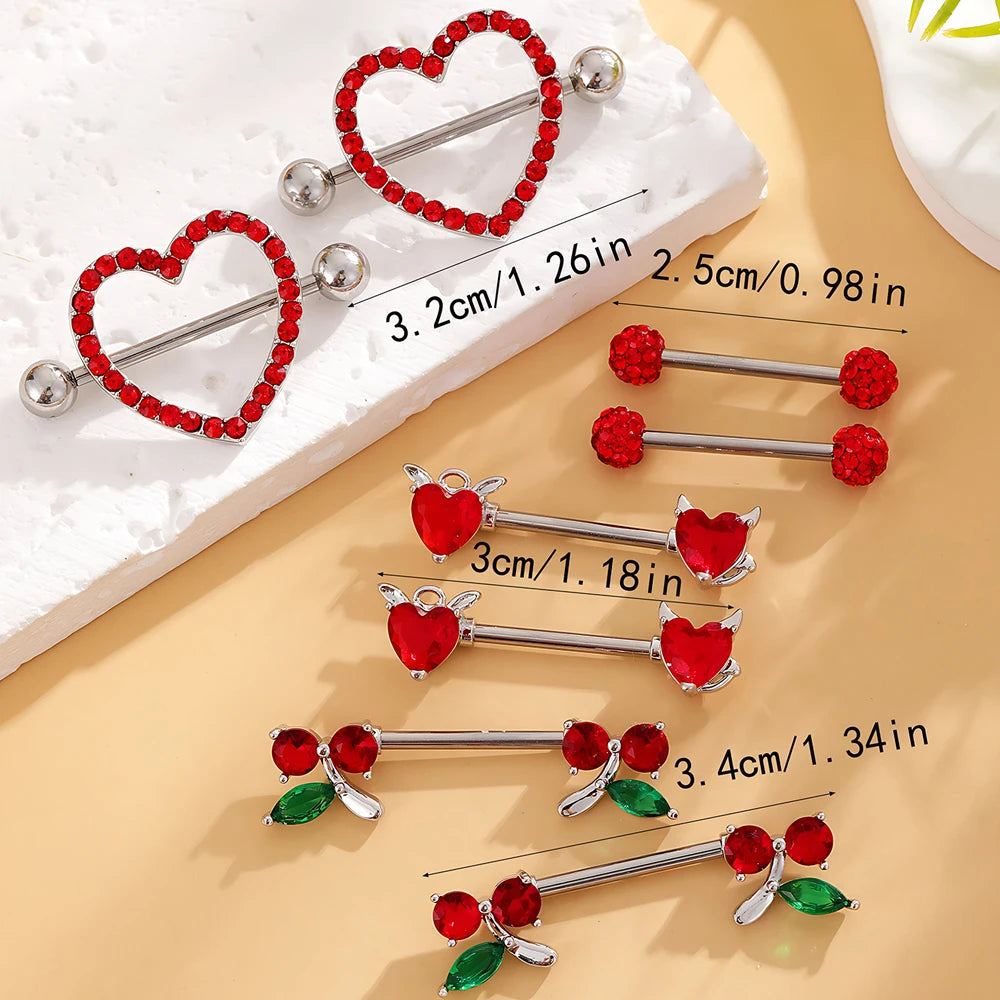 Mixed-Style Red Pink Crystal CZs Nipple Ring Sets 14G Heart Flower Cherry  Butterfly Nipple Piercings Lot Nipple Shield Barbell