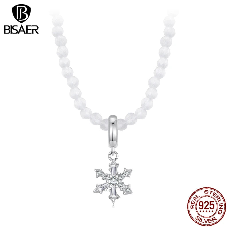 BISAER 925 Sterling Silver Ice Flower Pendant Necklace Charm Bead Adjustable Chain Plated White Gold for Woman Fine Jewelry