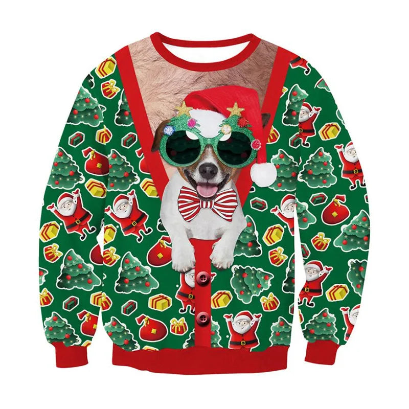 Men Women Tacky Xmas Sweater 3D Christmas Dog Snowflake Bell Reindeer Santa Printed Holiday Party Jumper Christmas Sweatshirt