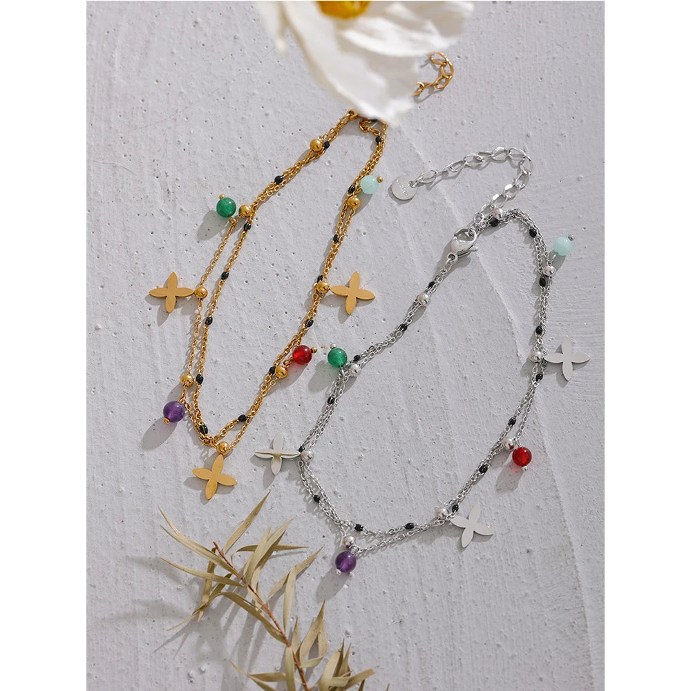 Yhpup - Tobillera de acero inoxidable con cadena de flores y cuentas de piedra natural de colores para mujer, joyería exquisita de verano, bisutería femenina