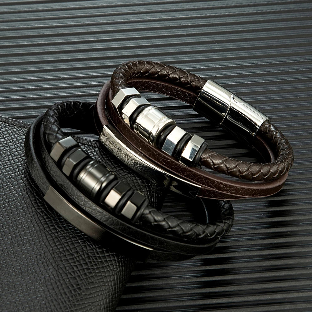 MKENDN Steampunk Style Hex Nut Cap Bracelet Men Women Multilayer Braid Genuine Leather Bracelet With Stainless Steel Jewelry