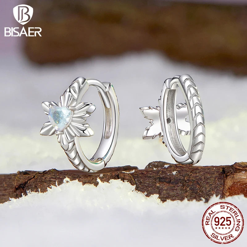 BISAER Real 925 Sterling Silver Ice Flower Hoop Earrings Sparkling Stud Ear For Women Party Original Fine Jewelry Winter Gift