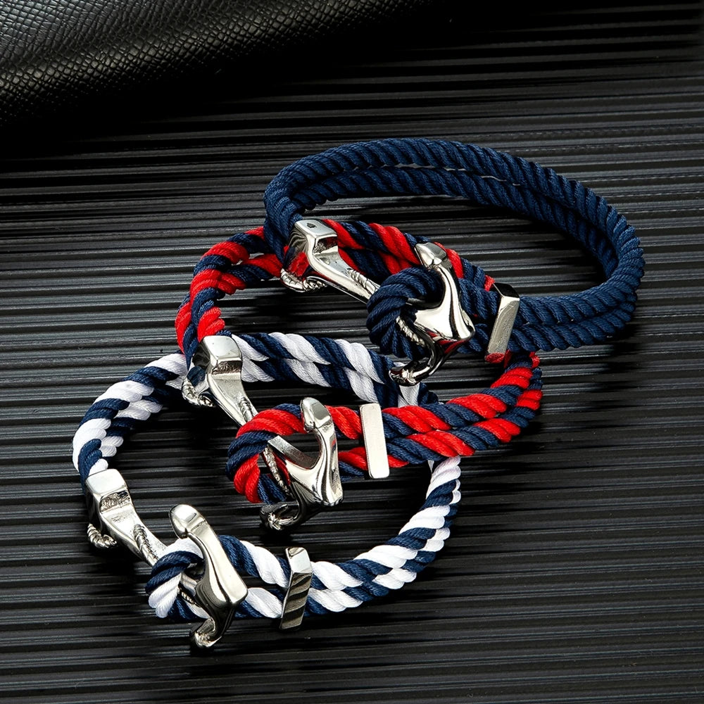 MKENDN Navy Style Anchor Bracelets Men Women Double Strand Mulitcolor Nautical Surfer Rope Bracelet Stainless Steel Boat Hook