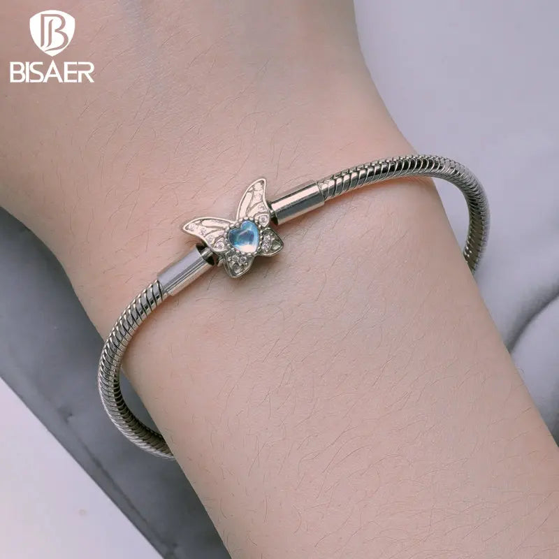 BISAER Real 925 Sterling Silver Bowknot Basic Bracelet Butterfly Bangle Fit Original Charms Bead DIY Jewelry Party Birthday Gift