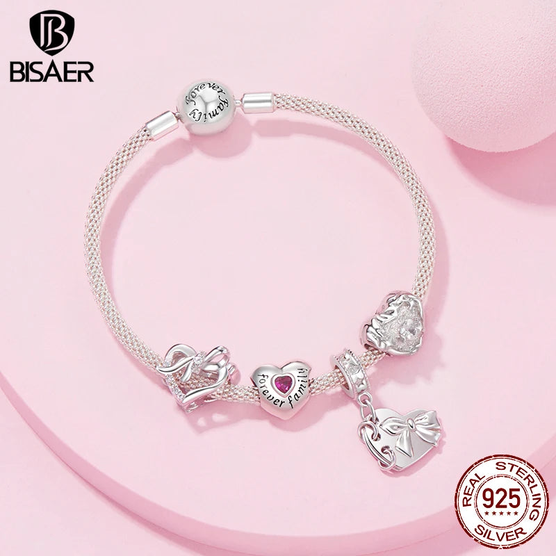 BISAER 925 Sterling Silver Heart Star Charm Forever Family Bead White Rose Pendant Fit Women DIY Bracelet Fine Jewelry Gift