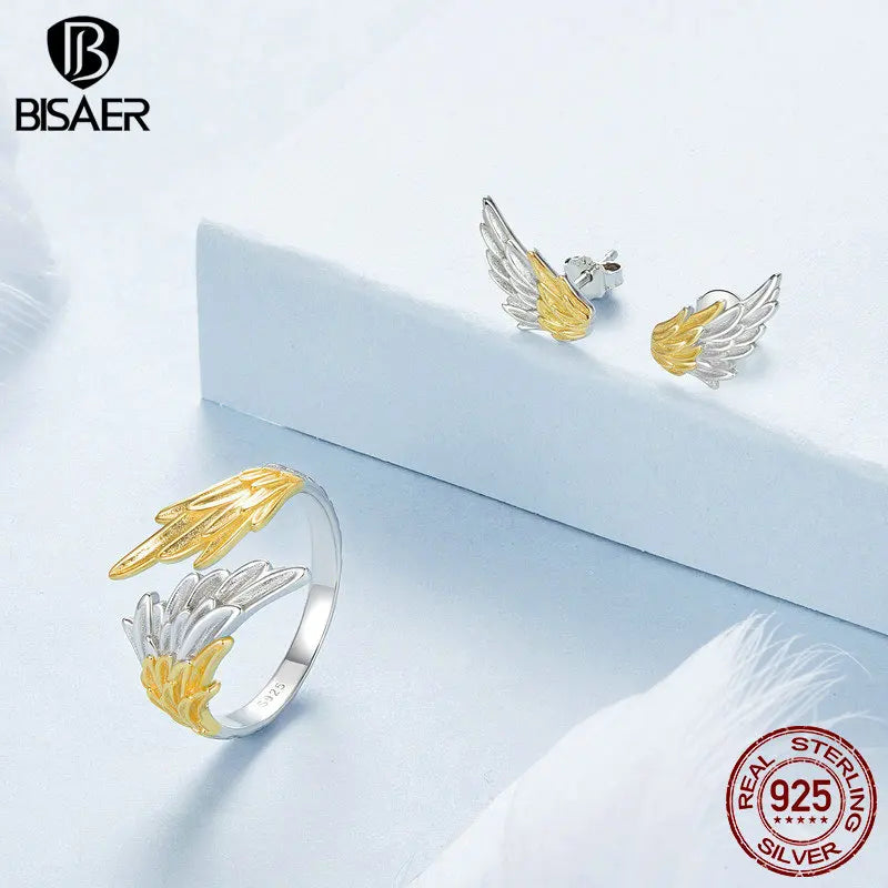 Bague à ailes bicolores en argent sterling 925 BISAER Boucles d'oreilles à tige en forme d'ailes d'ange plaquées or 14 carats pour femmes élégantes Bijoux fins de fête