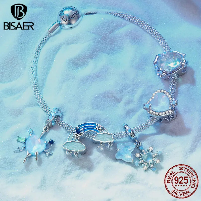 BISAER 925 Sterling Silver Kingdom Snowflake Charm Bead Ice Flower Pendant Plaqué Platine Fit Femmes DIY Bracelet Fine Jewelry