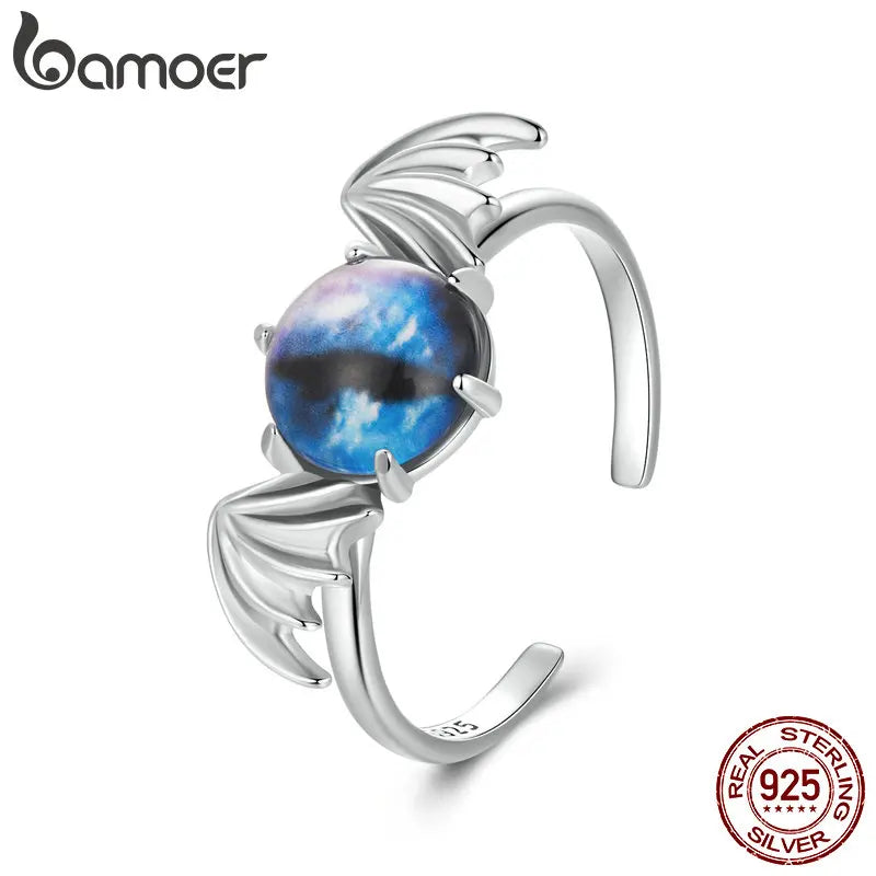 BAMOER Genuine 925 Sterling Silver Devil Eye Open Ring for Women Silver Finger Ring Fine Jewelry Halloween Birthday Gift BSR605