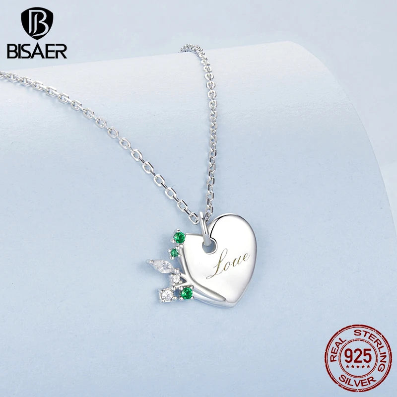 BISAER Tree of Life Necklace Real 925 Sterling Silver Eternal Heart Charm Chain Plated White Gold for Women Party Fine Jewelry