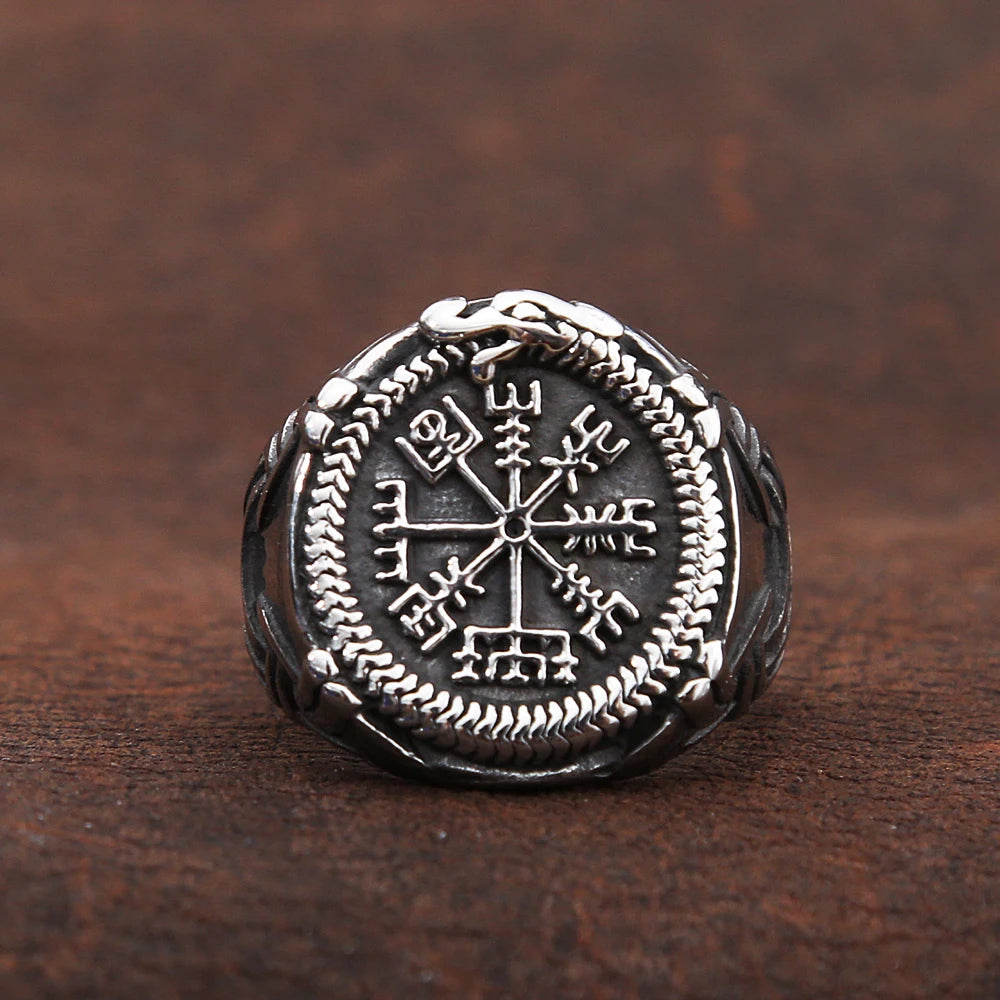 Vintage Viking Compass Helm of Awe Ring Stainless Steel Men Nordic Ethnic Belief Aegishjalmur Viking Rings Jewelry Free Shipping