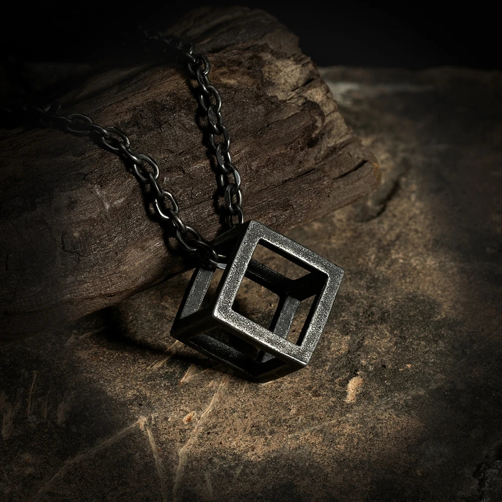 MKENDN Punk Style Vintage Oxidized Black Stainless Steel Openwork Rubik's Cube Pendant Link Chain Necklace For Men Jewelry Gift