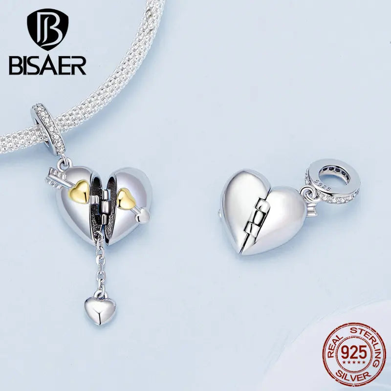 BISAER 925 Sterling Open Heart Lock Charm Bead Plated Platinum Pendant Fit DIY Bracelet Jewelry Valentine's Day Birthday Gift