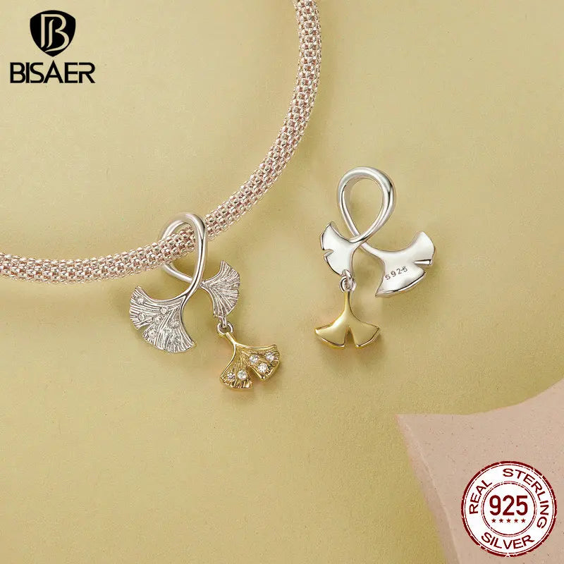 BISAER 925 Sterling Silver Ginkgo Leaf Pendant Ginkgo Butterfly Leaf Autumn Charm Bead for Women DIY Bracelets Fine Jewelry Gift