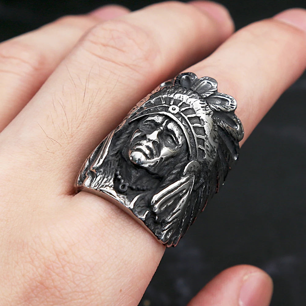 Anillo de jefe indio detallado para hombre, anillo de motociclista de acero inoxidable 316L, anillos enormes de estilo punk hip hop para hombre, joyería de moda, regalo para un amigo