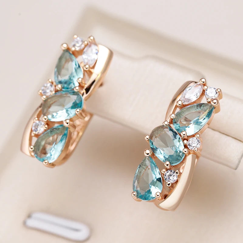 New 585 Rose Gold Drop Earrings for Women Delicate Cut Dazzling Blue Natural Zircon Bridal Wedding Jewelry Accessories