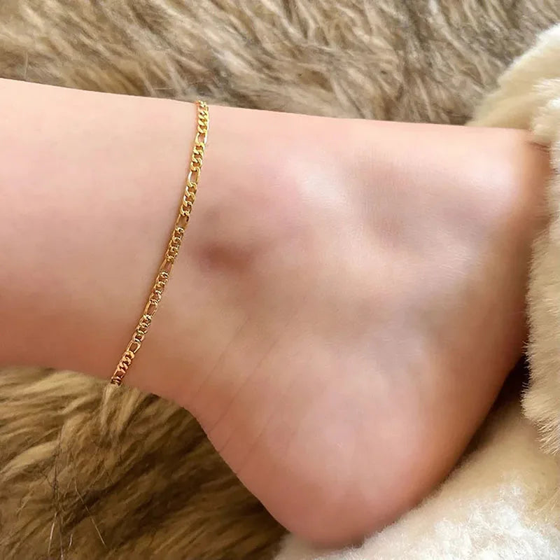 INS Trendy 18K Gold Plated Stainless Steel Figaro Chain Adjustable Anklet for Women Waterproof Foot Bracelet Beach Jewelry