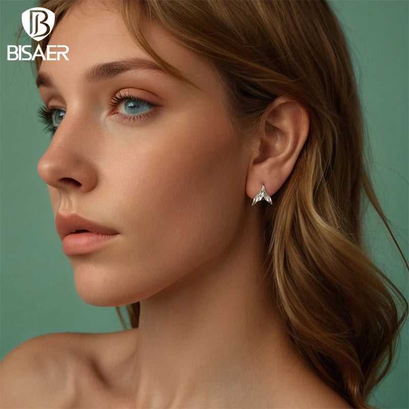 BISAER Real 925 Sterling Silver Mermaid Tail Stud Earrings Sparkling Zircon Stud Ear For Woman Party Fine Jewelry Holiday Gifts