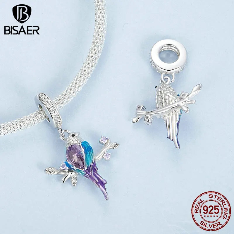 Bisaer 925 Sterling Silver Flower Bird Charm Bead Garden Colorful CZ Animal Plant Pendant Fit Original Bracelets Bangles Jewelry