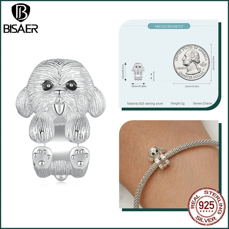 BISAER 925 Sterling Silver Cute Dachshund Charm Bead Schnauzer Corgi Shitzu Pendant Fit Women DIY Bracelet&Necklace Fine Jewelry