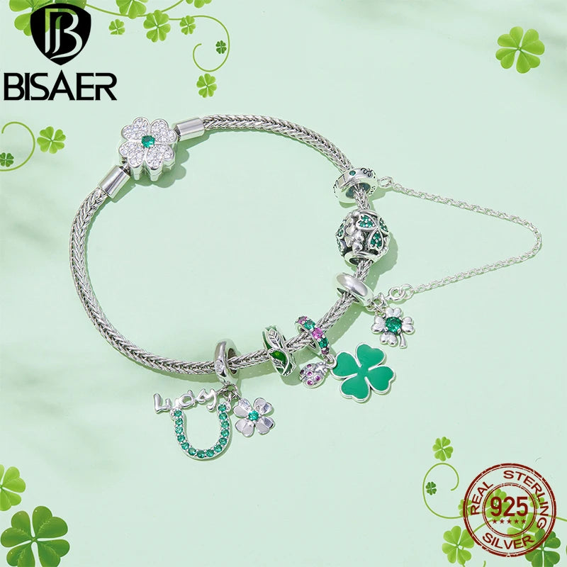 BISAER 925 Sterling Silver Four Leaf Clover Charm Bead Green CZ Pendant Safety Chain Fit Lucky Women DIY Bracelet Fine Jewelry