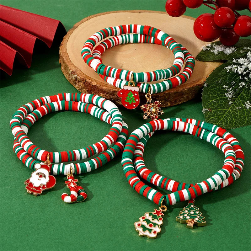 Christmas Polymer Clay Bracelet For Women Christmas Tree Gloves Walking Stick Pendant Bracelets Party New Year Festival Jewelry