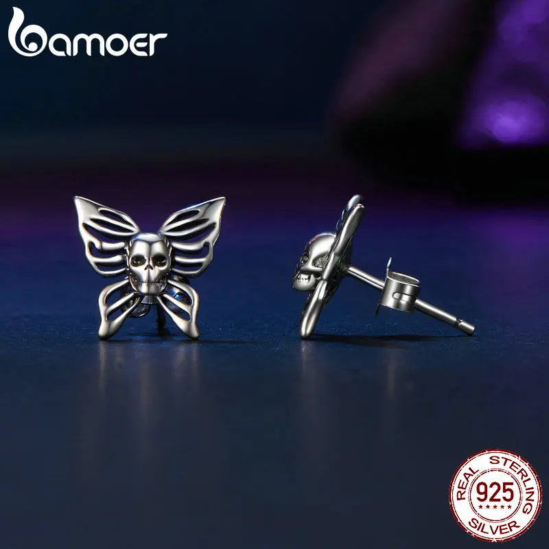 BAMOER Solid 925 Sterling Silver Halloween Skull Butterfly Earrings for Women Hypoallergenic Stud Earrings Birthday Jewelry Gift