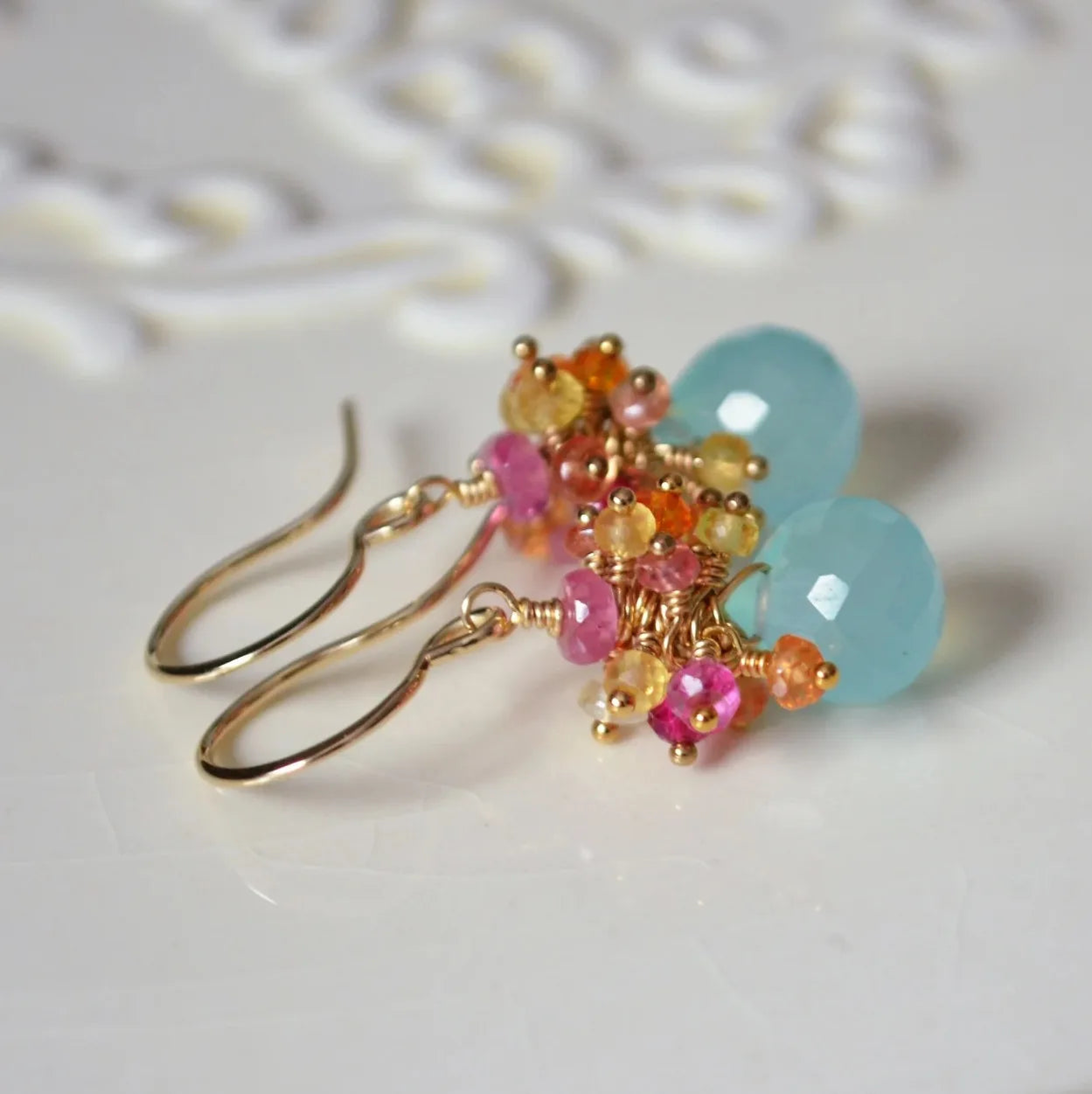 Genuine Ruby Earrings, Sterling Silver Jewelry, Real Chalcedony, Aqua Gemstones, Red and Pink, Cluster Ear Rings