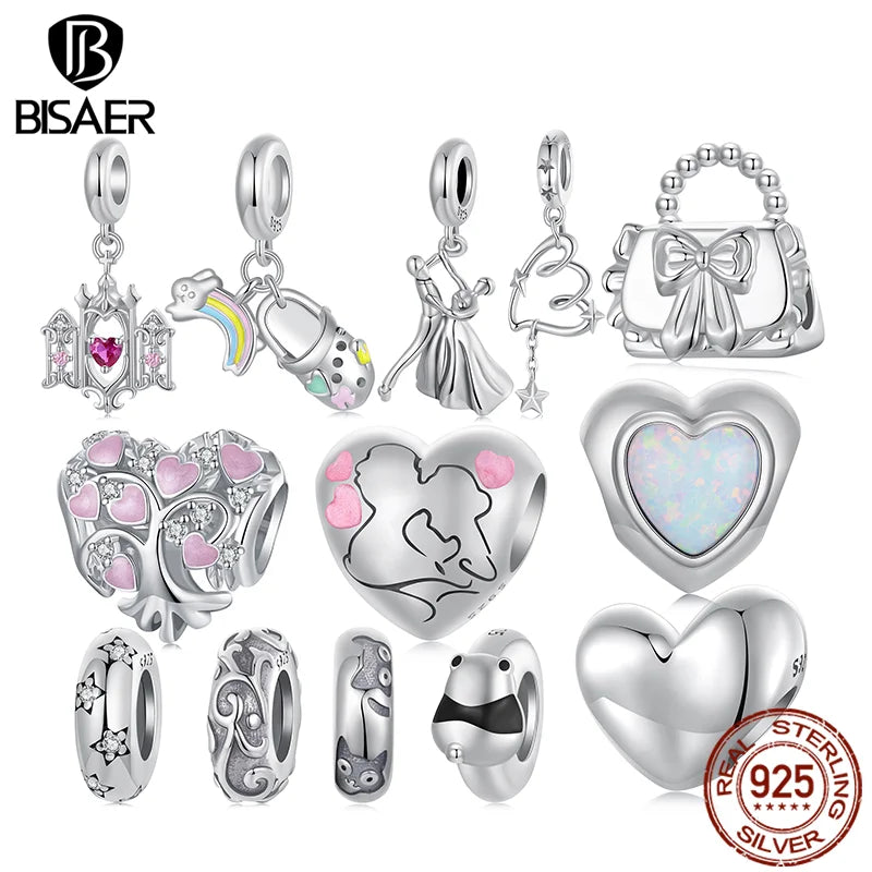 BISAER 925 Sterling Silver Tree of Life Heart Charm Bead Hollowed Church Dancing Pendant Fit Women DIY Bracelet Fine Jewelry