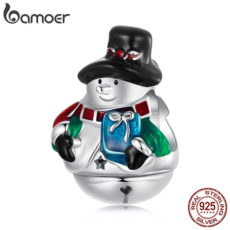 BAMOER - Breloque en forme de bonhomme de neige de Noël en argent massif S925 - Compatible avec un bracelet original - Breloque Bamoer pour la fabrication de bijoux - Cadeau de Noël