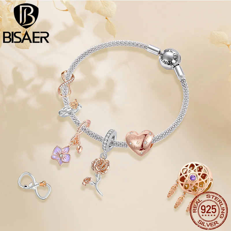 BISAER - Colgante de plata de ley 925 con forma de corazón y flor en oro rosa para pulsera de niña, joyería fina para el día de la madre o cumpleaños