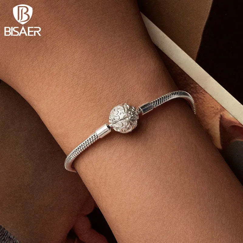 BISAER 925 Sterling Silver Retro Palace Pattern Basic Bracelet Round Bangle Fit Original Charms Bead DIY Jewelry Party Birthday