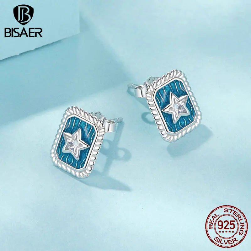 BISAER Real 925 Sterling Silver Vintage Star Stud Earring Bule Square Stud Ear Plated White Gold For Woman Party Fine Jewelry