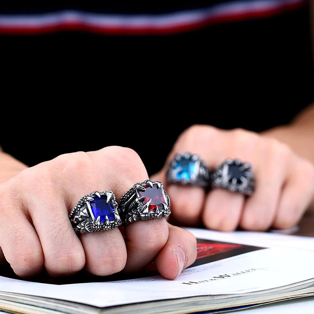 Retro Dragon Claw Blau Schwarz Rot Stein Ring Für Männer Punk Hip Hop Edelstahl Dragon Claw Ring Nachtclub Party Schmuck Geschenk