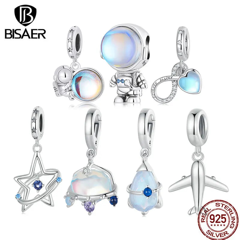 BISAER 925 Colgante de plata de ley con forma de estrella de ensueño con forma de riel, avión, astronauta, serie espacial, para mujer, pulsera DIY, joyería fina