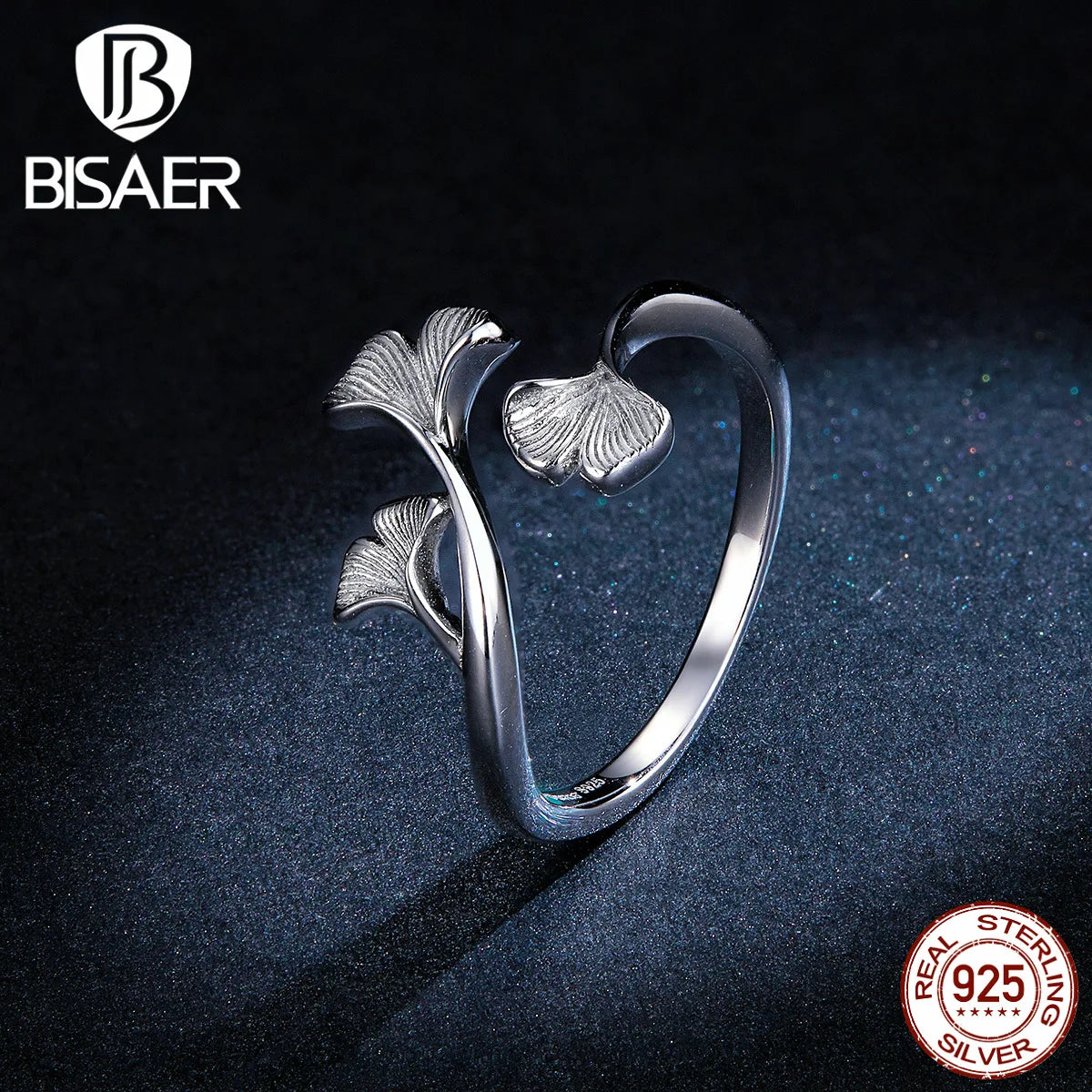 BISAER 925 Sterling Silver Ginkgo Leaf Ring Stud Earrings Necklace 14K Gold Plated for Elegant Women Party Fine Jewelry Set Gift