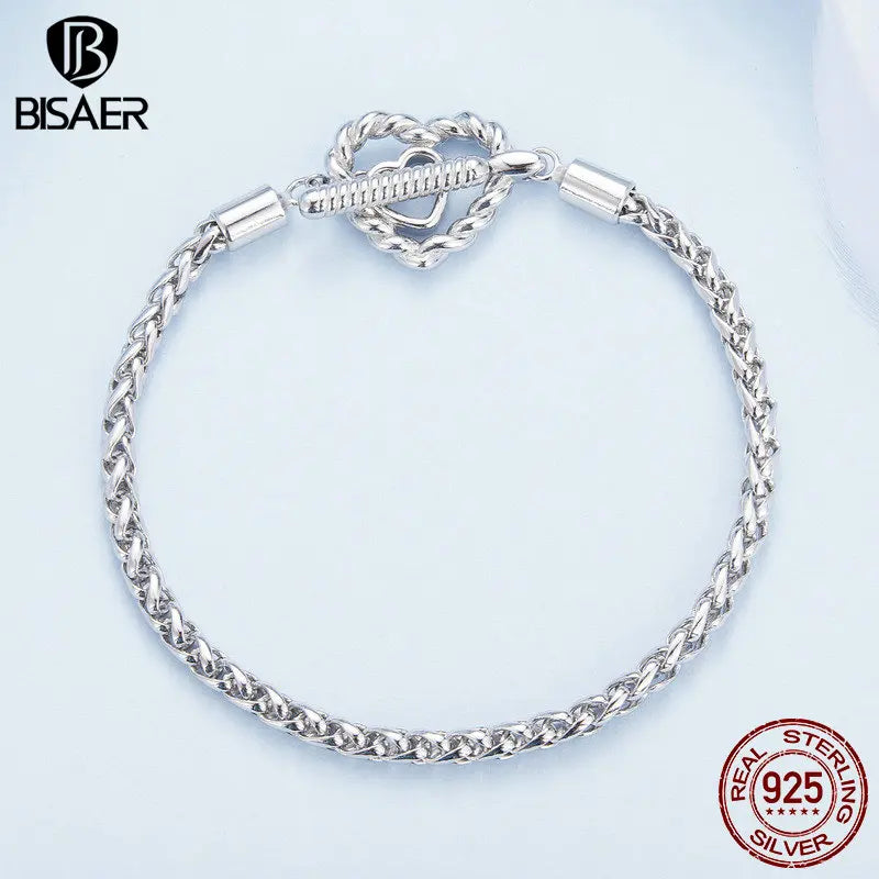 BISAER 925 Sterling Silve Heart-Shaped Basic Bracelet Snake Chain Plated Platinum for Lovers Bead & Charm DIY Fine Jewelry Gift