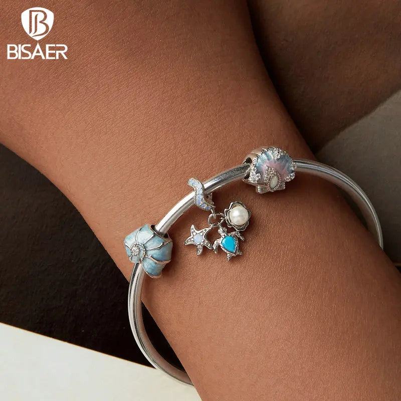 BISAER 925 Sterling Silver Ocean Dreamy Seashell Charm Bead Blue Whale Starfish Pendant Fit Women DIY Bracelet Fine Jewelry Gift