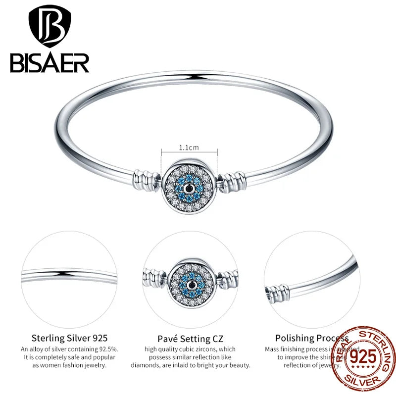 BISAER 925 Sterling Silver Demon Eye Bracelets Blue Evil Eyes Bangles Pave Setting Zircon 17-21CM for Women Party Fine Jewelry