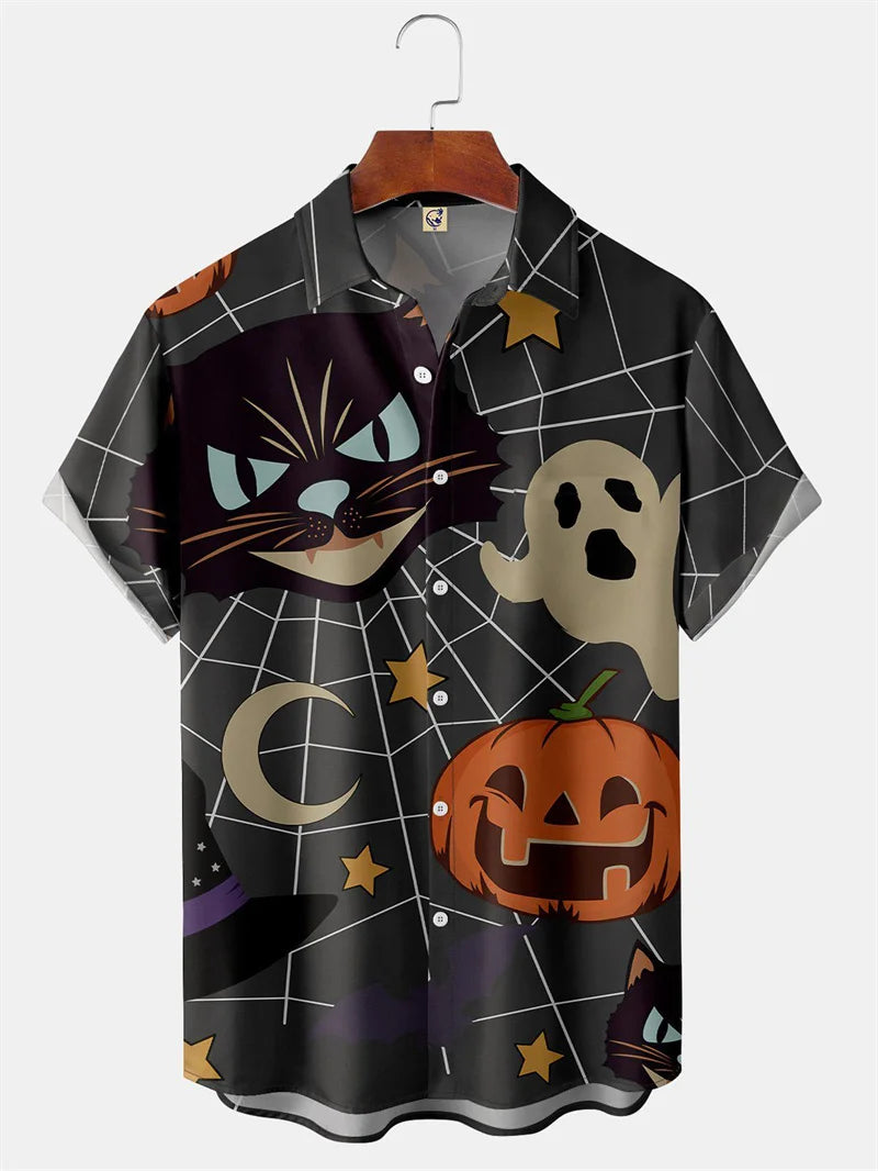 Men's Fashion Halloween Shirt Summer Cute Style Men's Clothing Party Holiday Men Top Pumpkin Head Print Boys' Short Sleeve Shirt