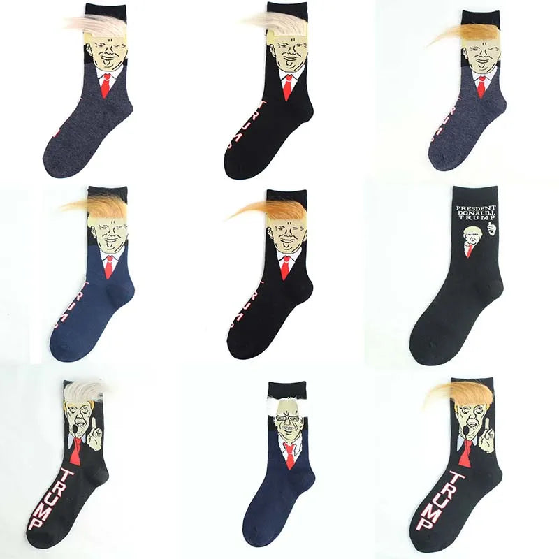 Calcetines divertidos de parodia del presidente Donald Trump para hombre y mujer, calcetín abstracto 3D de pelo falso, equipo Trump, Sokken Homme, 2024