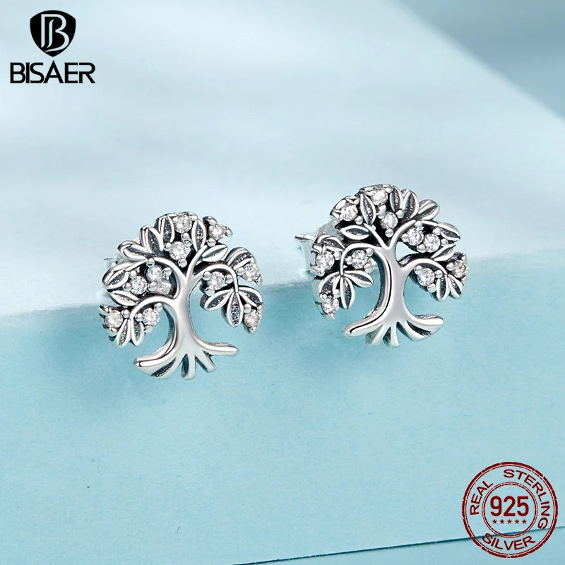 BISAER 925 Sterling Silver Tree of Life Stud Earrings Zircon Ear Clip Plated Gold For Women Original Design Fine Jewelry ECE1814