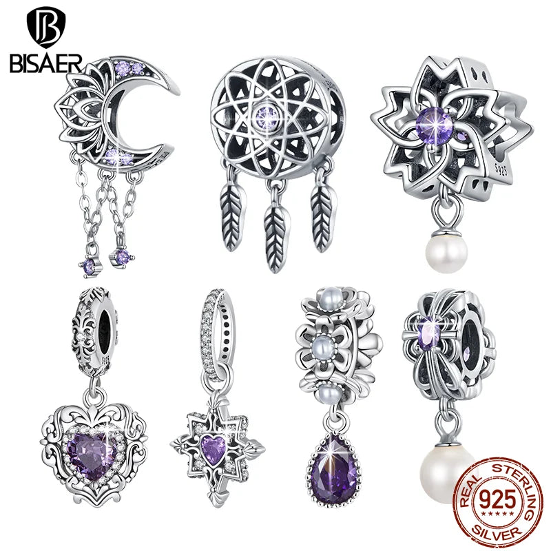 BISAER 925 Sterling Silver Moon Tassel Vintage Texture Purple CZ Charm Monternet Pearl Pendant Fit DIY Bracelet Necklace Jewelry