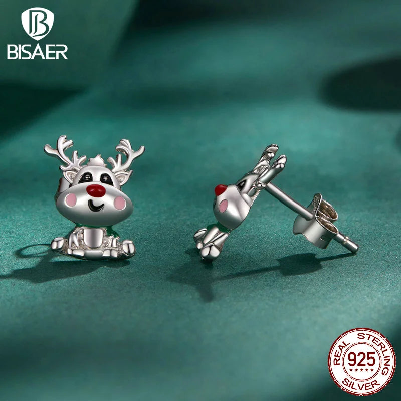 BISAER 100% 925 Sterling Silver Cute Christmas Reindeer Stud Earrings Plated Platinum For Woman Christma Party Fine Jewelry Gift